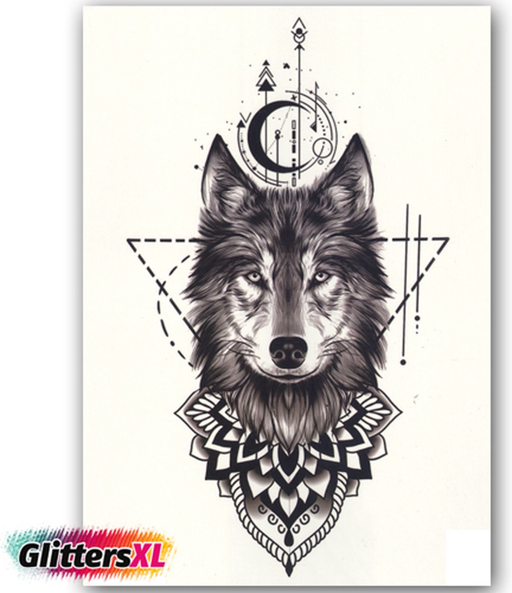 GlittersXL - Temporary Tattoo Wolf (A5 formaat) [Neptattoo - Tijdelijke tatoeage - Nep Fake Tattoos - Water overdraagbare festival sticker henna outfit tattoo - Glitter tattoo - Volwassenen Kinderen Jongen Meisje]